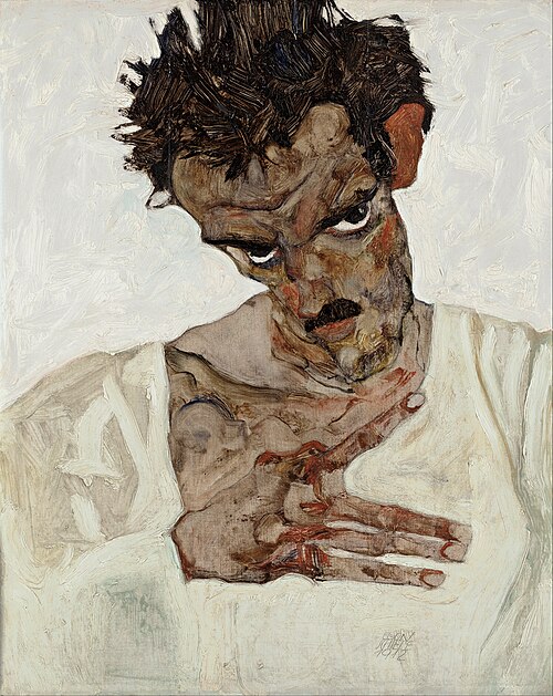 Egon Schiele, Self-Portrait with Lowered Head, 1912, oil on wood, Leopold Museum, Vienna