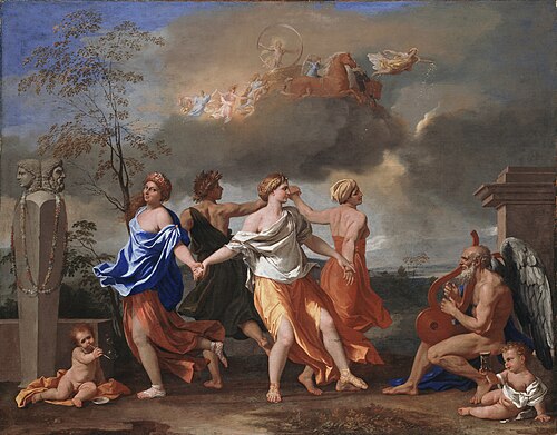 Nicolas Poussin, A Dance to the Music of Time, c. 1634 to 1636. Four figures dance in a ring while winged Time plays a lyre; Apollo drives the sun across the sky above.